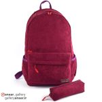 کوله پشتی مخمل کبریتی ست با جامدادی