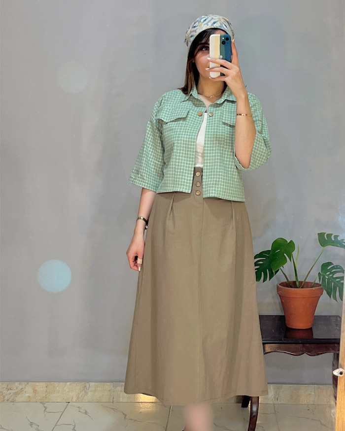 photo-output-10 ست کت و دامن سمین ( قهوه ای سبز ) - Image 1