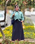 ست شومیز و دامن ارغوان سبزآبی سورمه ای